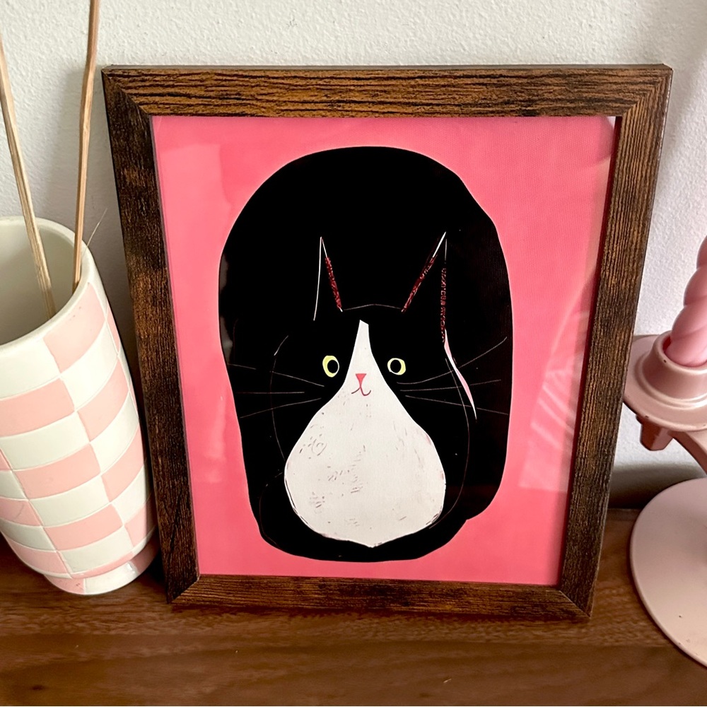 Tuxedo Cat Pink Canvas Art Print Faux Wood Framed Kitty Illustration 9x11” - Picture 2 of 6